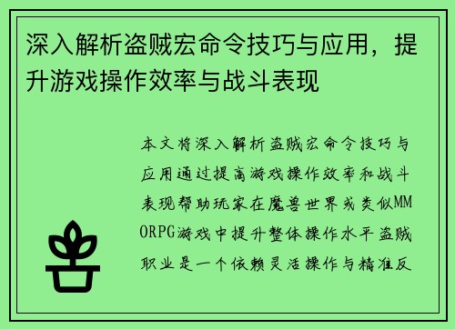 深入解析盗贼宏命令技巧与应用，提升游戏操作效率与战斗表现